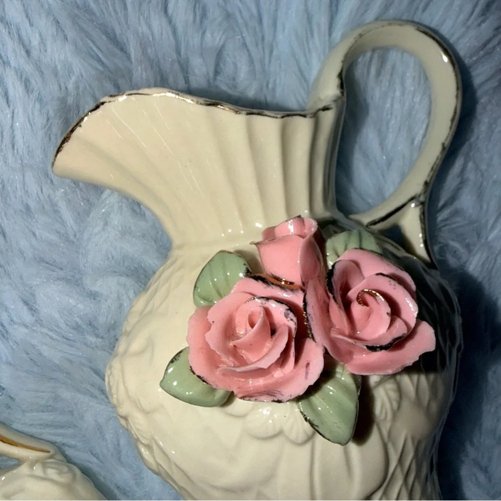 Vintage Porcelain Pink Rose Pitcher Vases Lattice Pattern Gold Trim Collectible
